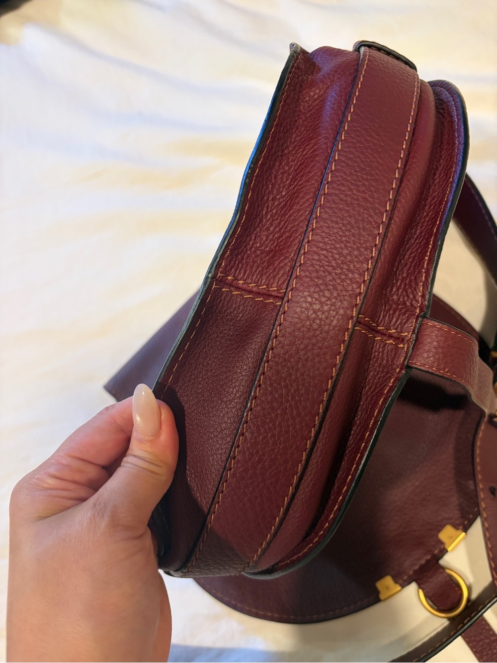 Chloe Marcie Medium Burgundy Grained Leather Saddle Bag Crossbody - Picture 11 of 12